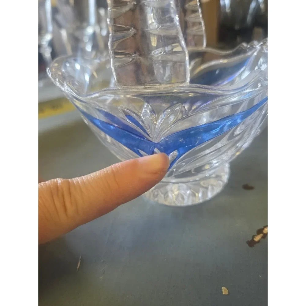 Vintage Cut Crystal Glass Basket Blue Flash Trim Floral Design 6 Inch Handle